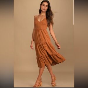 Lulu's Rust Brown Tiered Summer Midi Dress